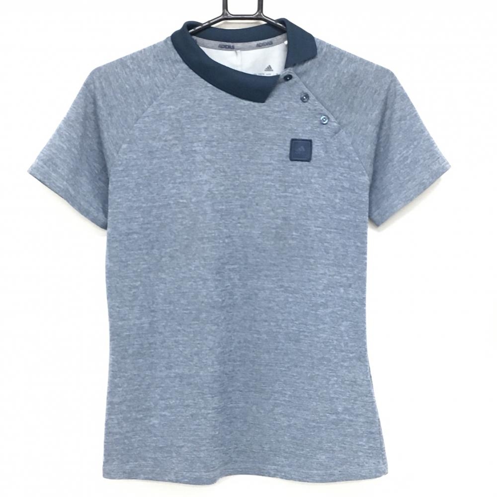 【超美品】アディダス 襟付き半袖シャツ 杢ネイビー×ネイビー 肩ボタン ロゴワッペン レディース L ゴルフウェア adidas