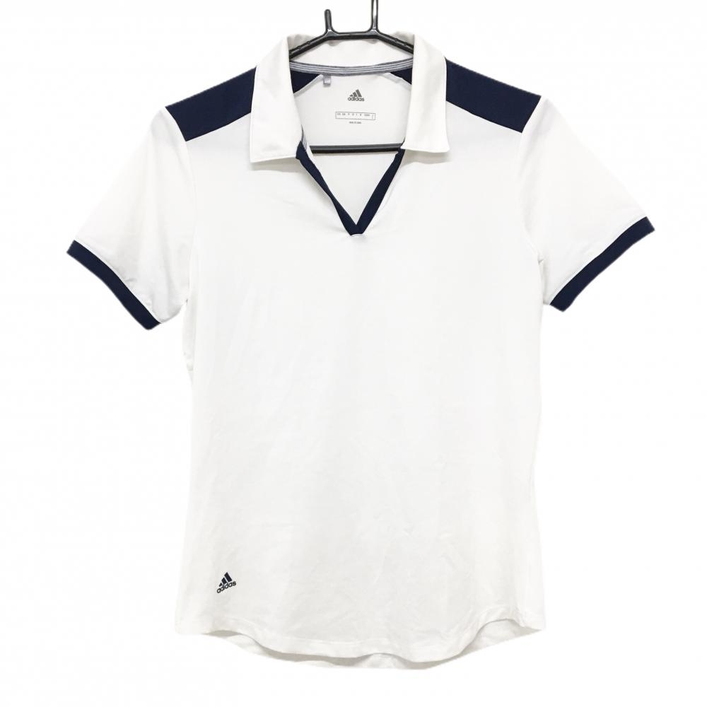【美品】アディダス 半袖スキッパーシャツ 白×ネイビー 裾ロゴ レディース L ゴルフウェア adidas