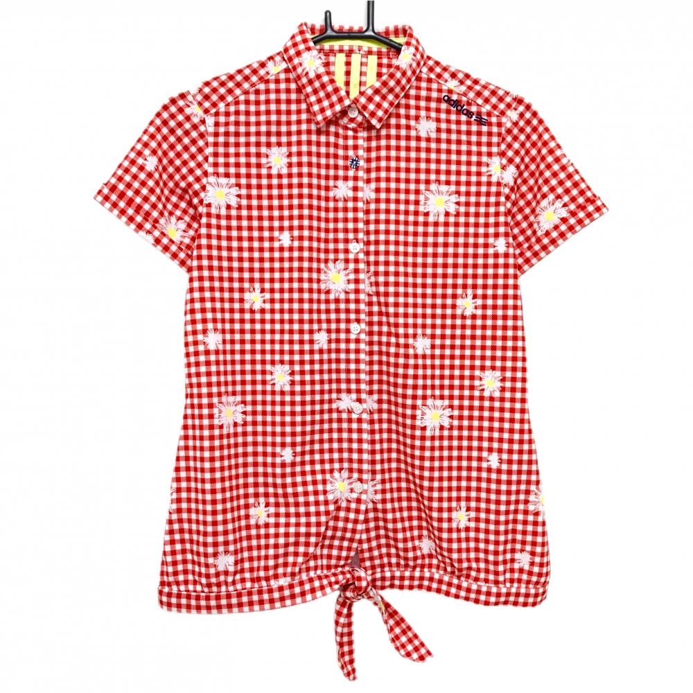 【超美品】アディダス 半袖シャツ 白×レッド チェック柄 花柄 肩ロゴ 裾リボン レディース L/G ゴルフウェア adidas