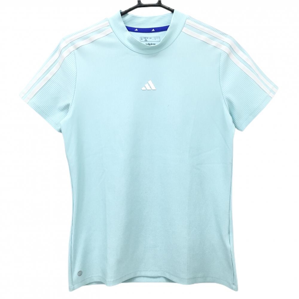 アディダス 半袖シャツ ライトブルー×白 凹凸生地 肩・袖3ライン  レディース L ゴルフウェア adidas