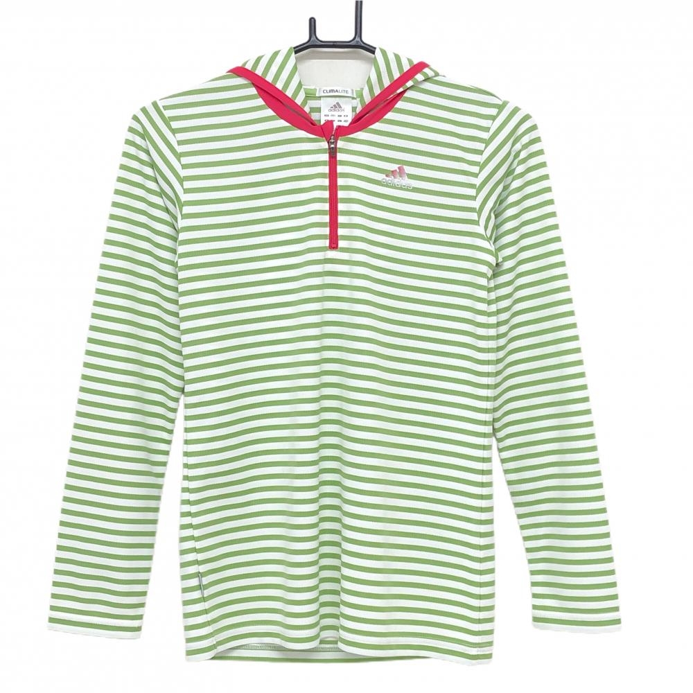 【超美品】アディダス フード付き長袖シャツ ライトグリーン×白 ボーダー ハーフジップ クリマライト レディース M ゴルフウェア adidas