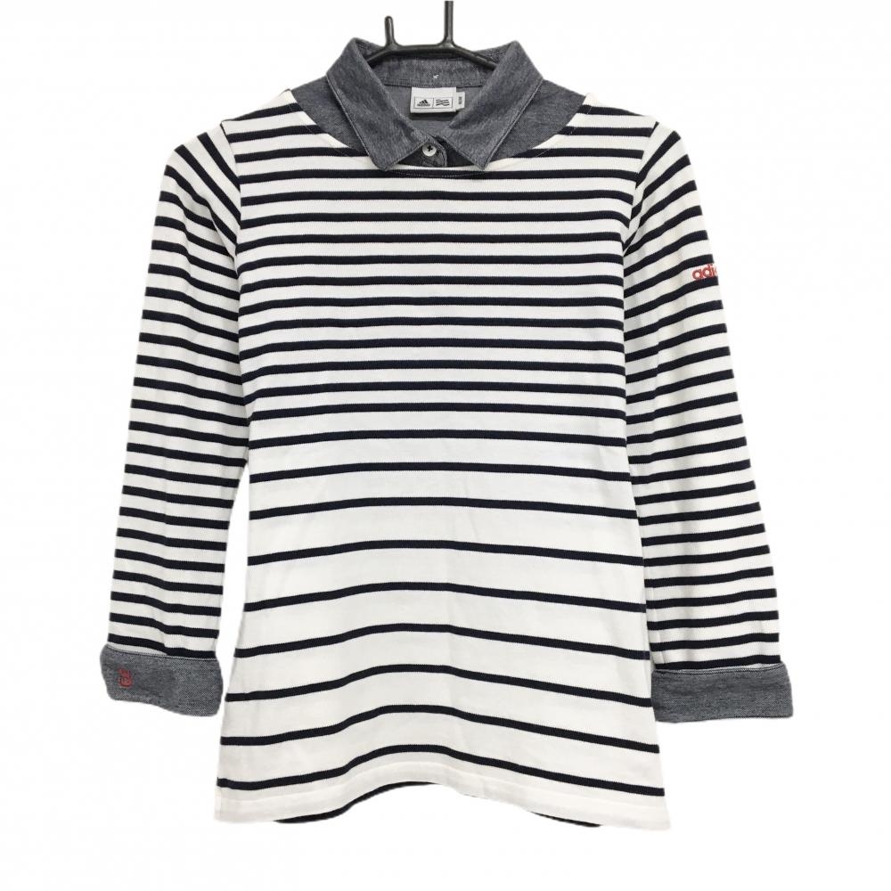 【美品】アディダス 襟付き長袖シャツ 白×ネイビー ボーダー 重ね着風 レディース M/M ゴルフウェア adidas