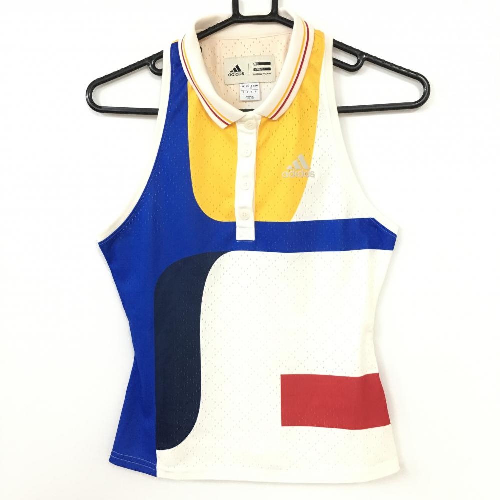 【新品】65％OFF～adidas アディダス ノースリーブポロシャツ 白×ブルー×イエロー クリマライト レディース M ゴルフウェア