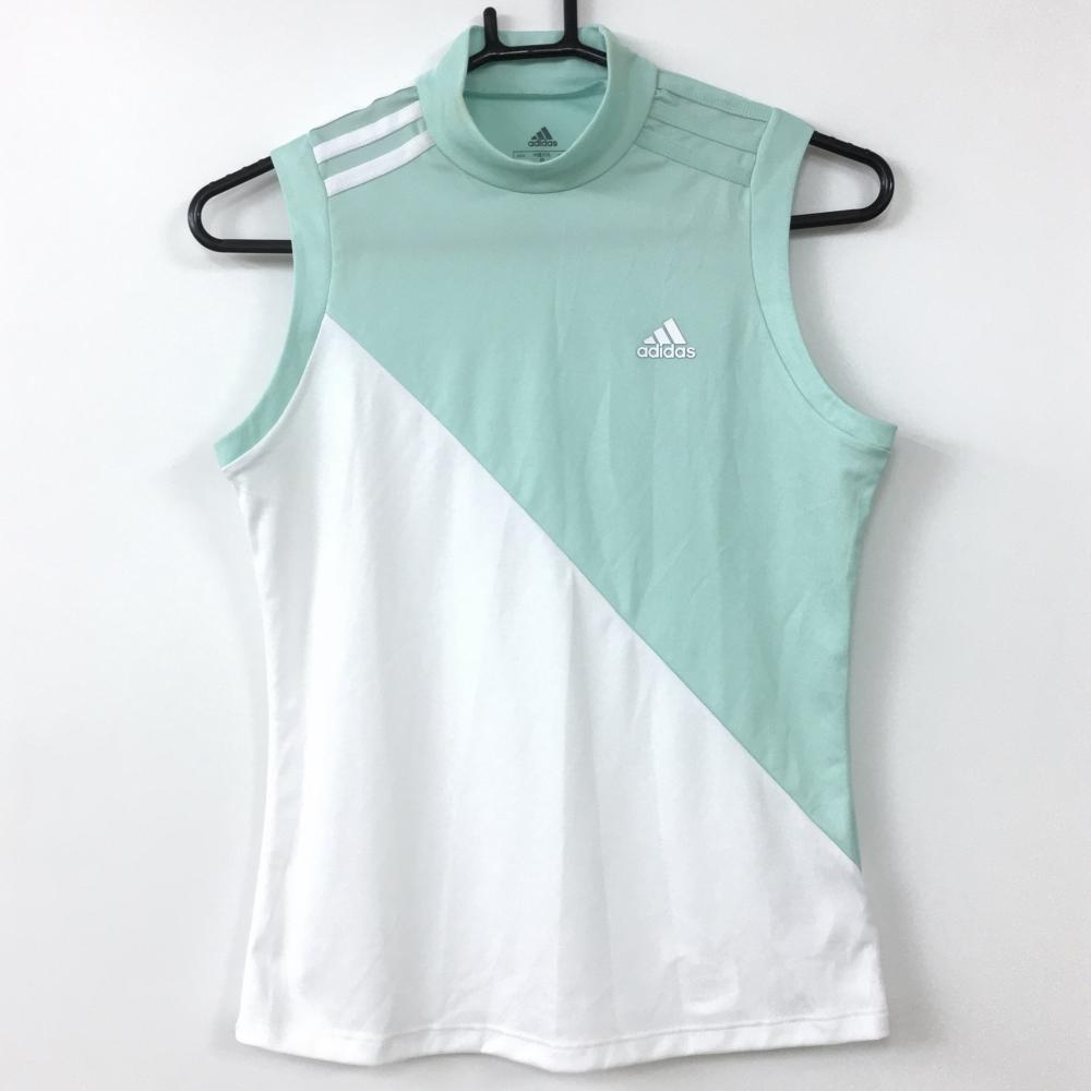 adidas アディダス ノースリーブハイネックシャツ ミントグリーン×白 バイカラー 肩3ライン レディース S ゴルフウェア