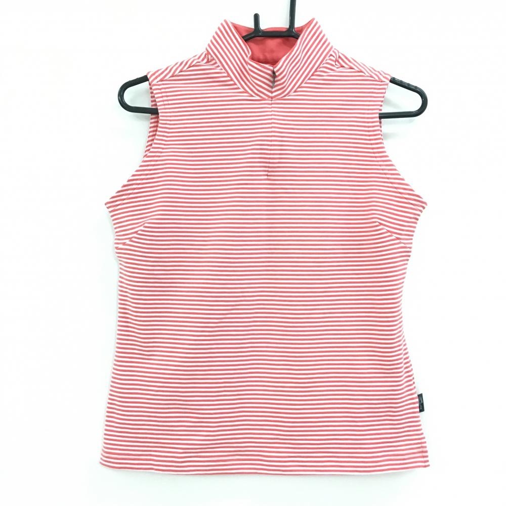 【美品】アディダス ノースリーブハイネックシャツ レッドピンク×白 ボーダー柄 ハーフジップ  レディース L/G ゴルフウェア adidas