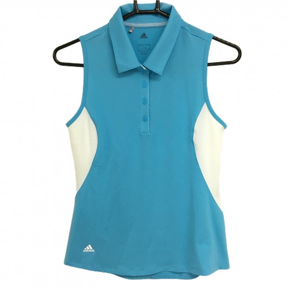 【超美品】アディダス ノースリーブポロシャツ ライトブルー×白 メッシュ風 サイド切替  レディース M ゴルフウェア adidas