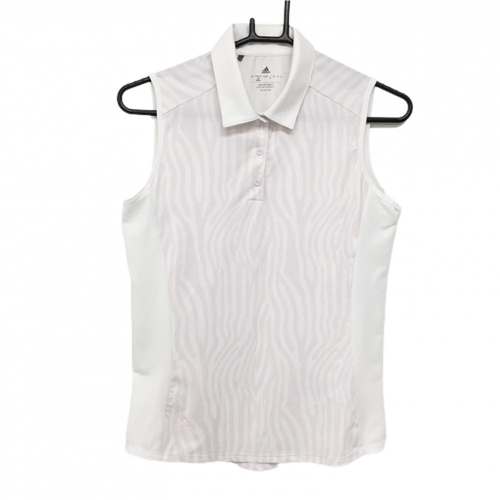 【超美品】アディダス ノースリーブポロシャツ 白×ピンク ゼブラ調 裾ロゴ レディース M ゴルフウェア adidas