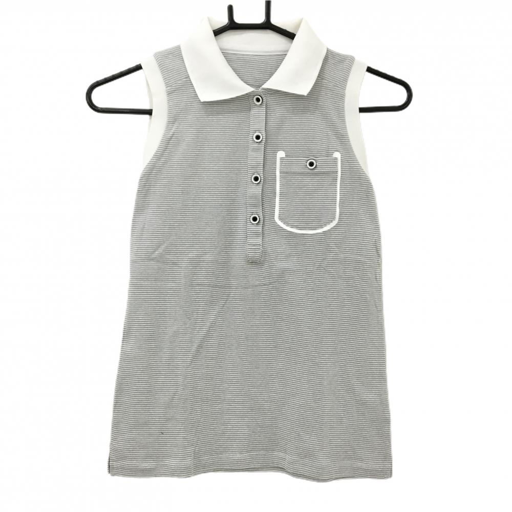 【美品】アディダス ノースリーブポロシャツ グレー×白 細ボーダー 胸ポケット レディース S/P ゴルフウェア adidas