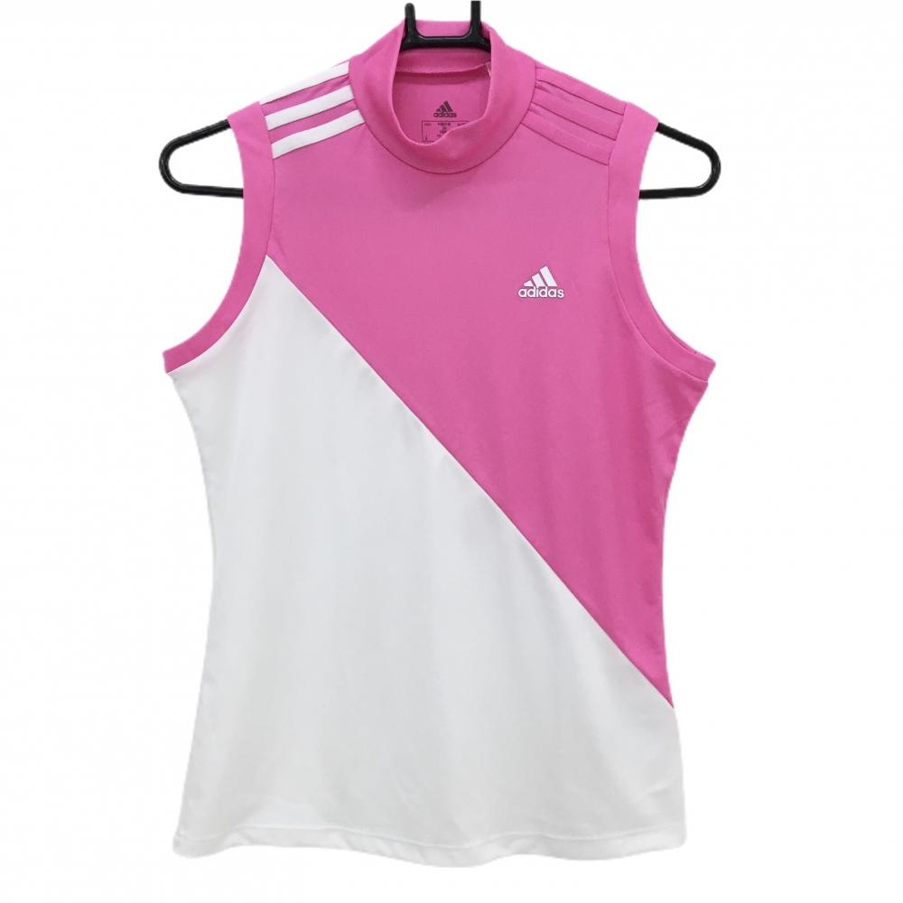 【超美品】アディダス ノースリーブハイネックシャツ ピンク×白 肩3ライン 立体ロゴ レディース M ゴルフウェア adidas