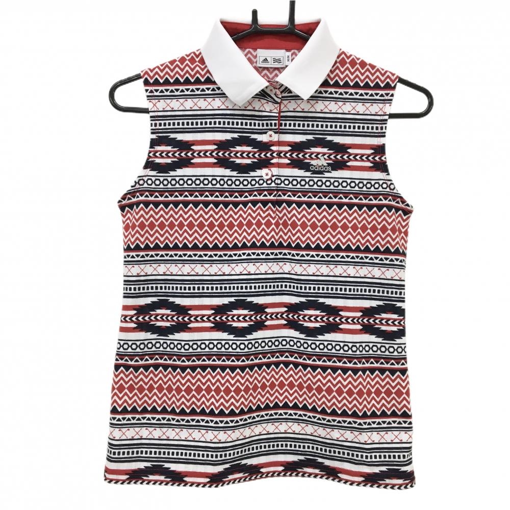 【超美品】アディダス ノースリーブポロシャツ 白×ネイビー×レッド 総柄 ロゴ刺しゅう レディース M/M ゴルフウェア adidas
