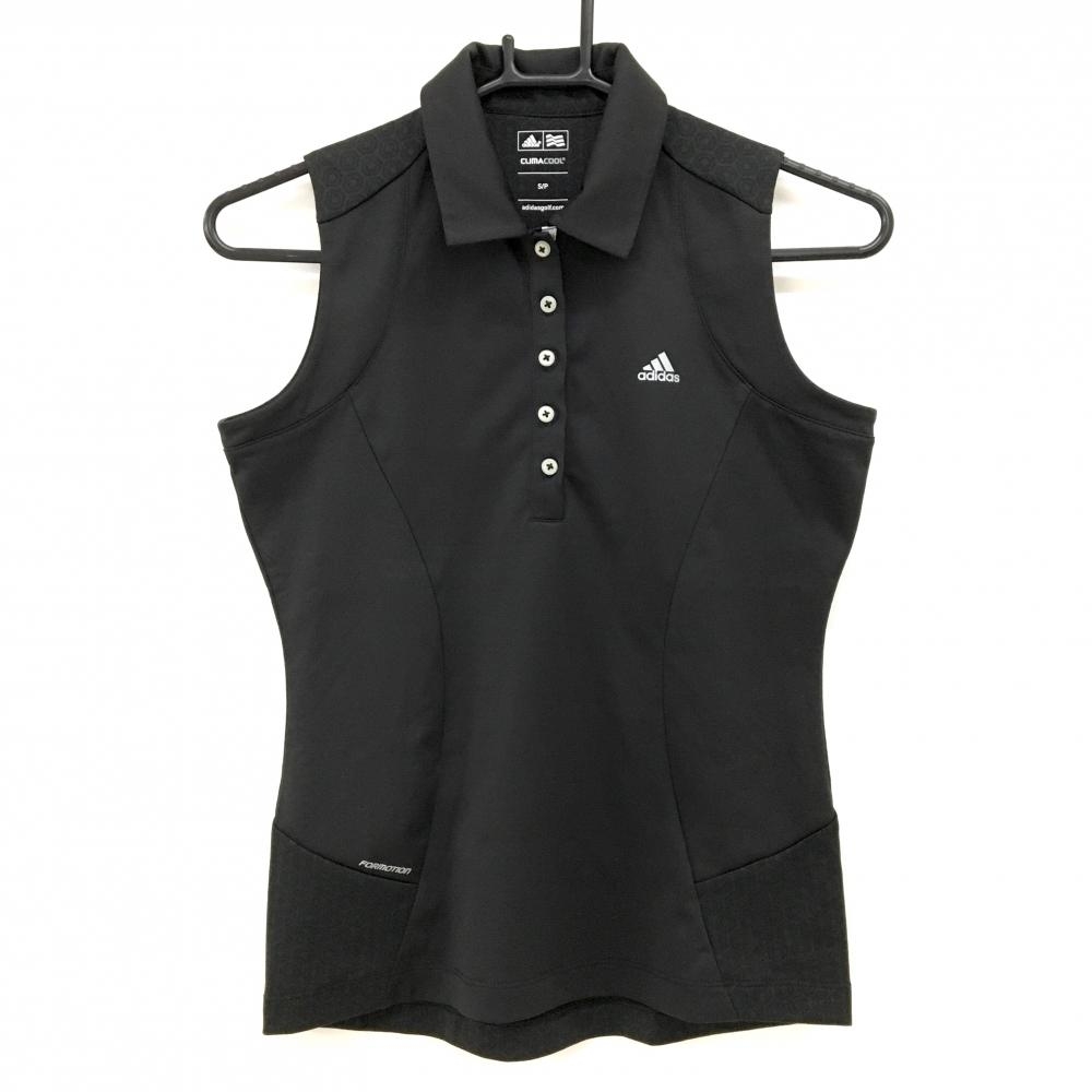 【超美品】アディダス ノースリーブポロシャツ 黒 一部柄 ロゴプリント レディース S/P ゴルフウェア adidas