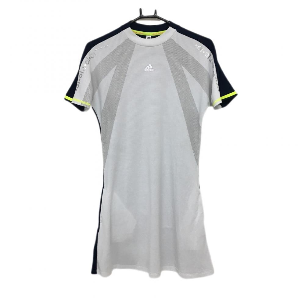 アディダス ワンピース ライトグレー×ネイビー 胸元ロゴ 袖蛍光ライン レディース L ゴルフウェア adidas
