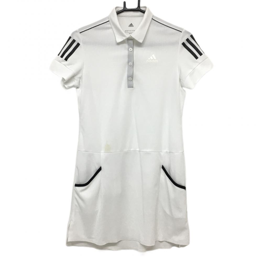 アディダス 半袖ポロワンピース 白×黒 胸元ロゴ 袖3ライン レディース M ゴルフウェア adidas