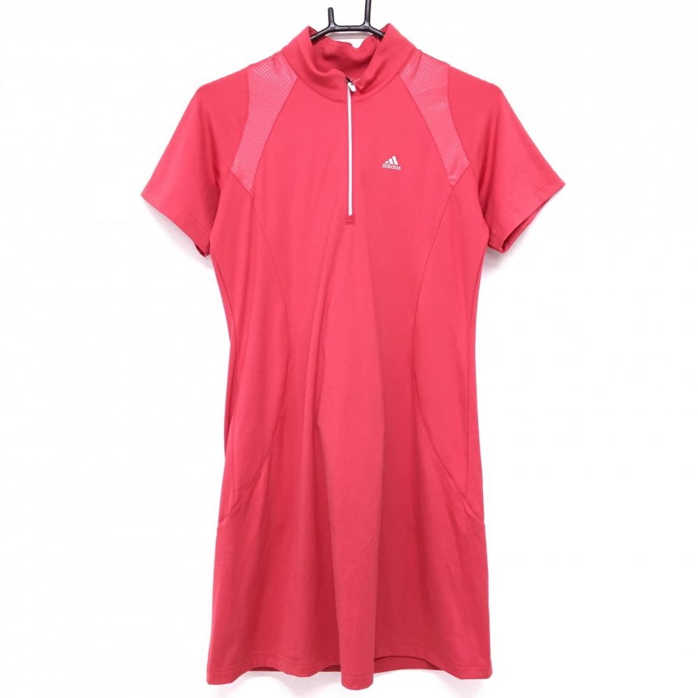 【新品】アディダス 半袖ハイネックワンピース レッド ハーフジップ ストレッチ インナーパンツ付  レディース L ゴルフウェア adidas