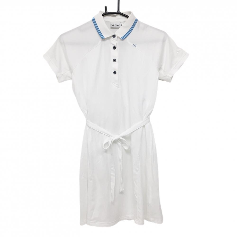 【美品】アディダス 半袖ポロワンピース 白×ライトブルー 襟3ライン 共布ベルト付 レディース M/M ゴルフウェア adidas