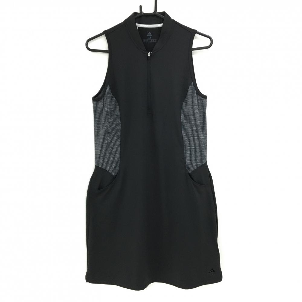 【新品】アディダス ノースリーブワンピース 黒×グレー スタンドカラー ハーフジップ レディース OT ゴルフウェア adidas