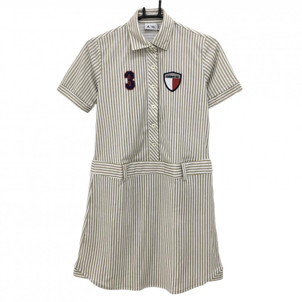 【新品】アディダス 半袖ポロワンピース 白×ベージュ ストライプ インナーパンツ付 レディース M/M ゴルフウェア adidas