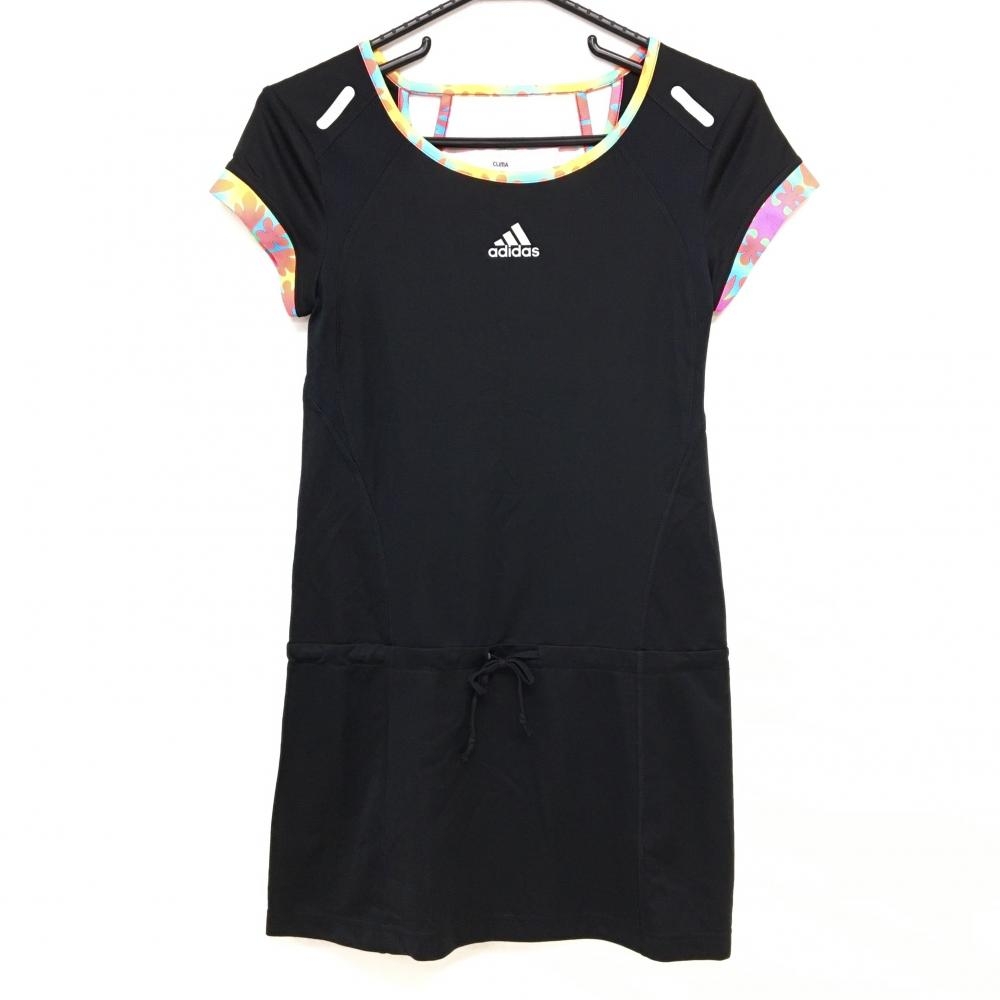 【美品】アディダス 半袖ワンピース 黒×マルチカラー 胸ロゴ CLIMACOOL 後ろ一部メッシュ レディース M ゴルフウェア adidas
