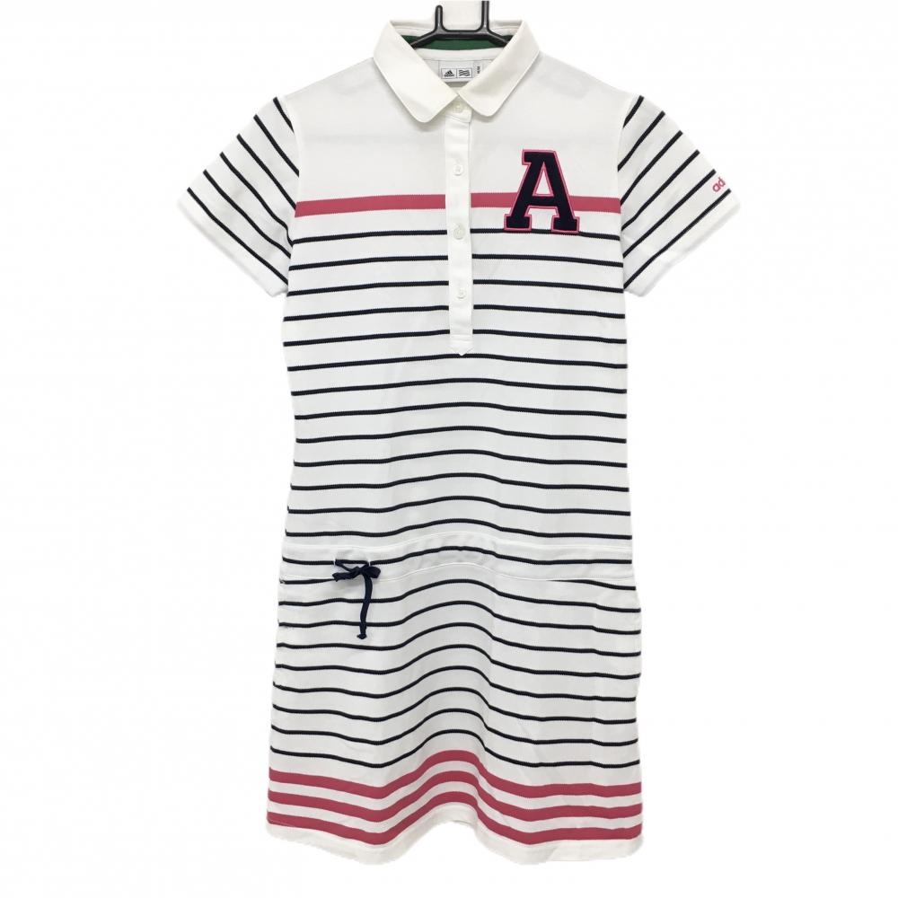 アディダス 半袖ポロワンピース 白×ネイビー パネルボーダー レディース M/M ゴルフウェア adidas