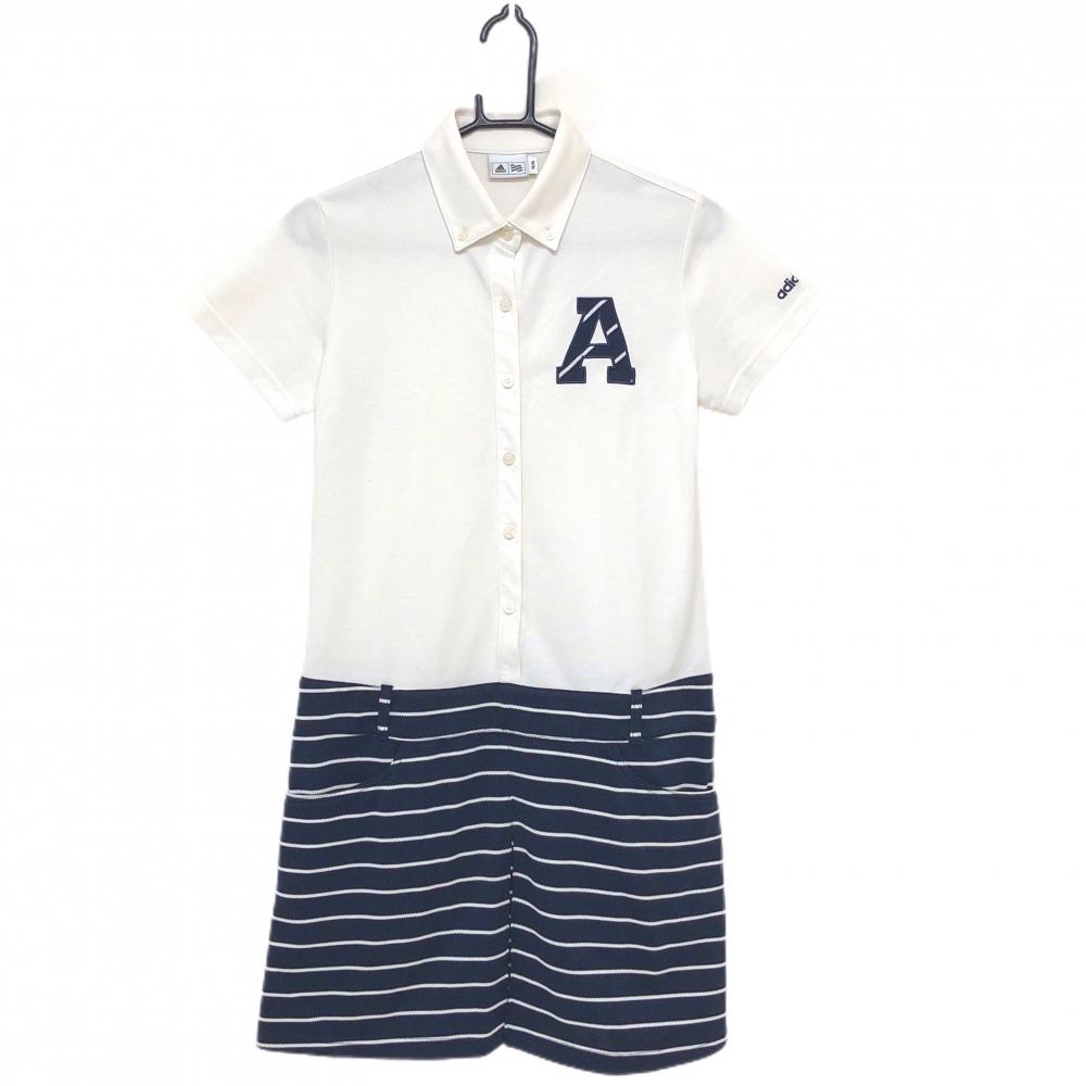 アディダス 半袖ポロワンピース 白×ネイビー 下部ボーダー ボタンダウン レディース M/M ゴルフウェア adidas