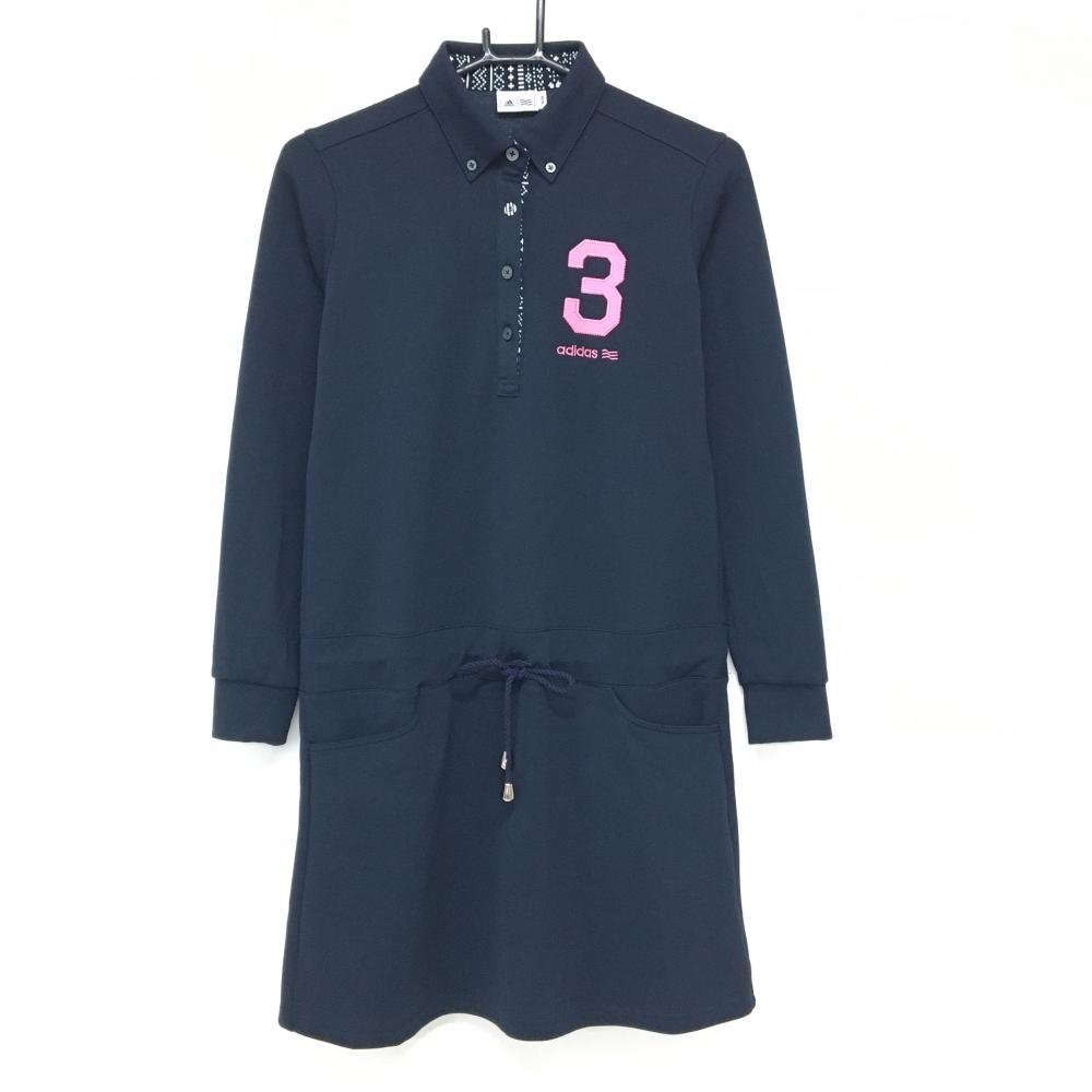 【超美品】アディダス 長袖ポロワンピース ネイビー ロゴピンク ボタンダウン レディース M/M ゴルフウェア adidas