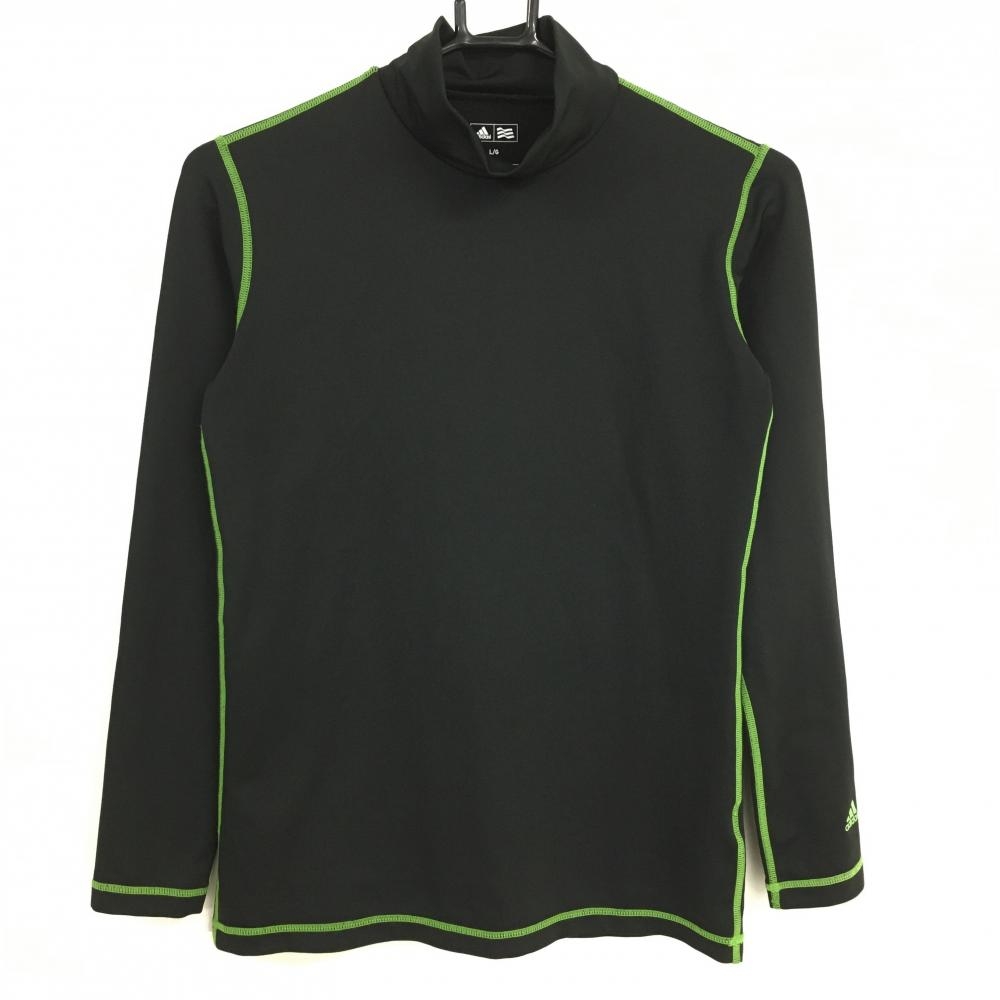 【超美品】アディダス インナーシャツ 黒×グリーン 袖ロゴ レディース L/G ゴルフウェア adidas