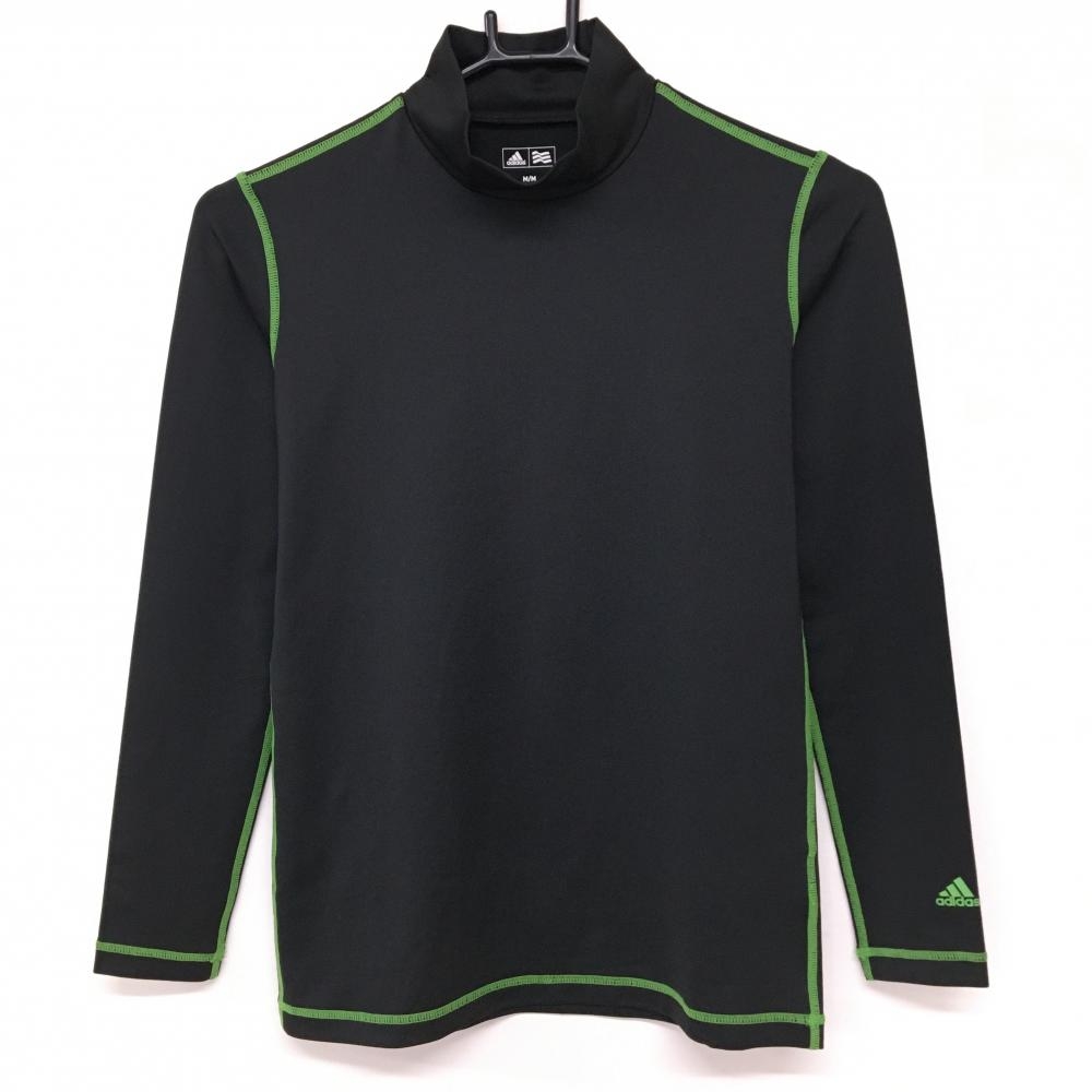 【美品】アディダス ハイネックインナーシャツ 黒×グリーン 袖ロゴ ストレッチ レディース M/M ゴルフウェア adidas