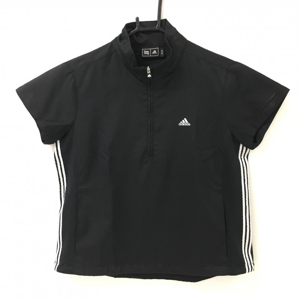 アディダス 半袖ハイネックシャツ 黒×白 ハーフジップ サイドライン レディース M/M ゴルフウェア adidas