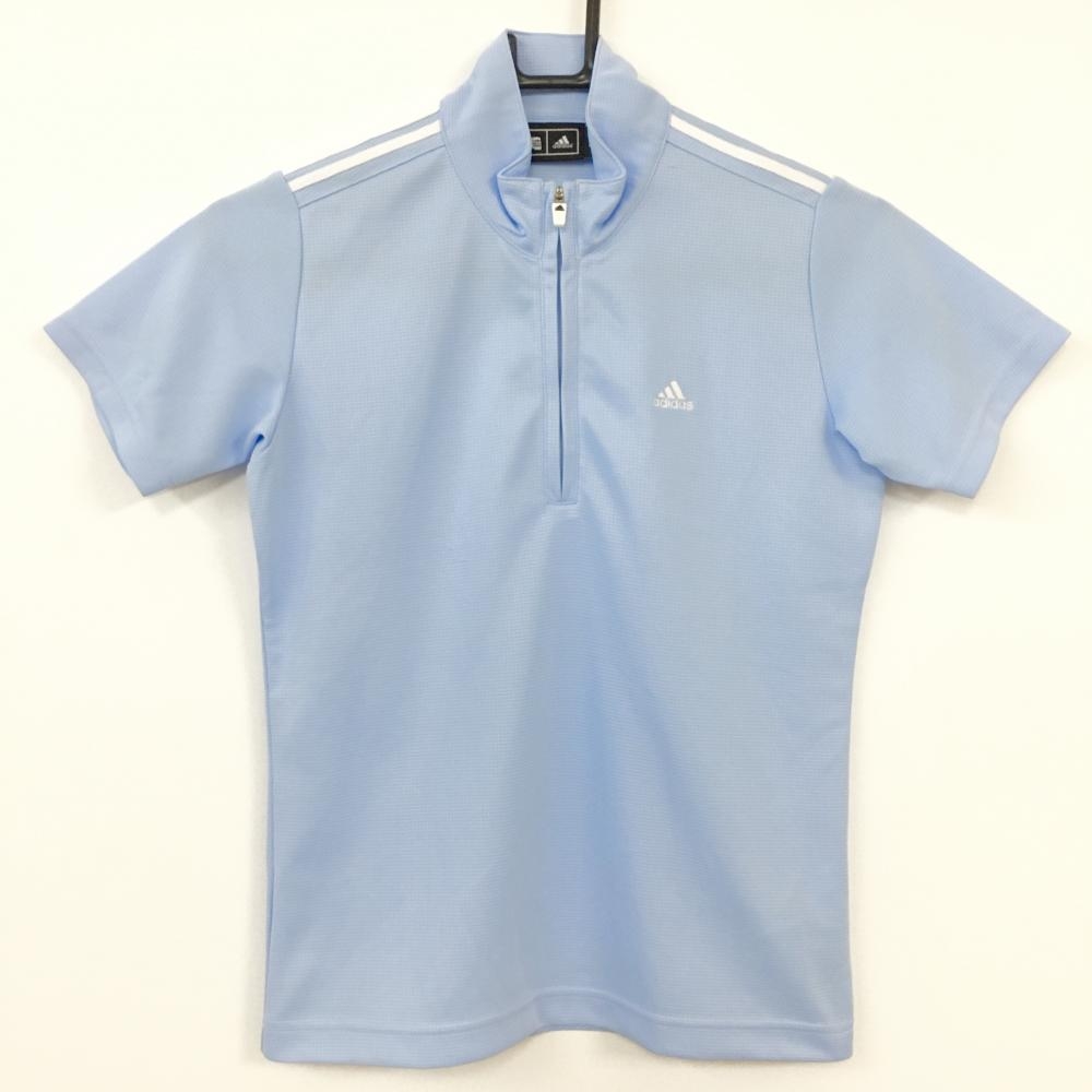 adidas アディダス 半袖ハイネックシャツ ライトブルー×白 織生地 袖3ライン ハーフジップ  レディース S/P ゴルフウェア