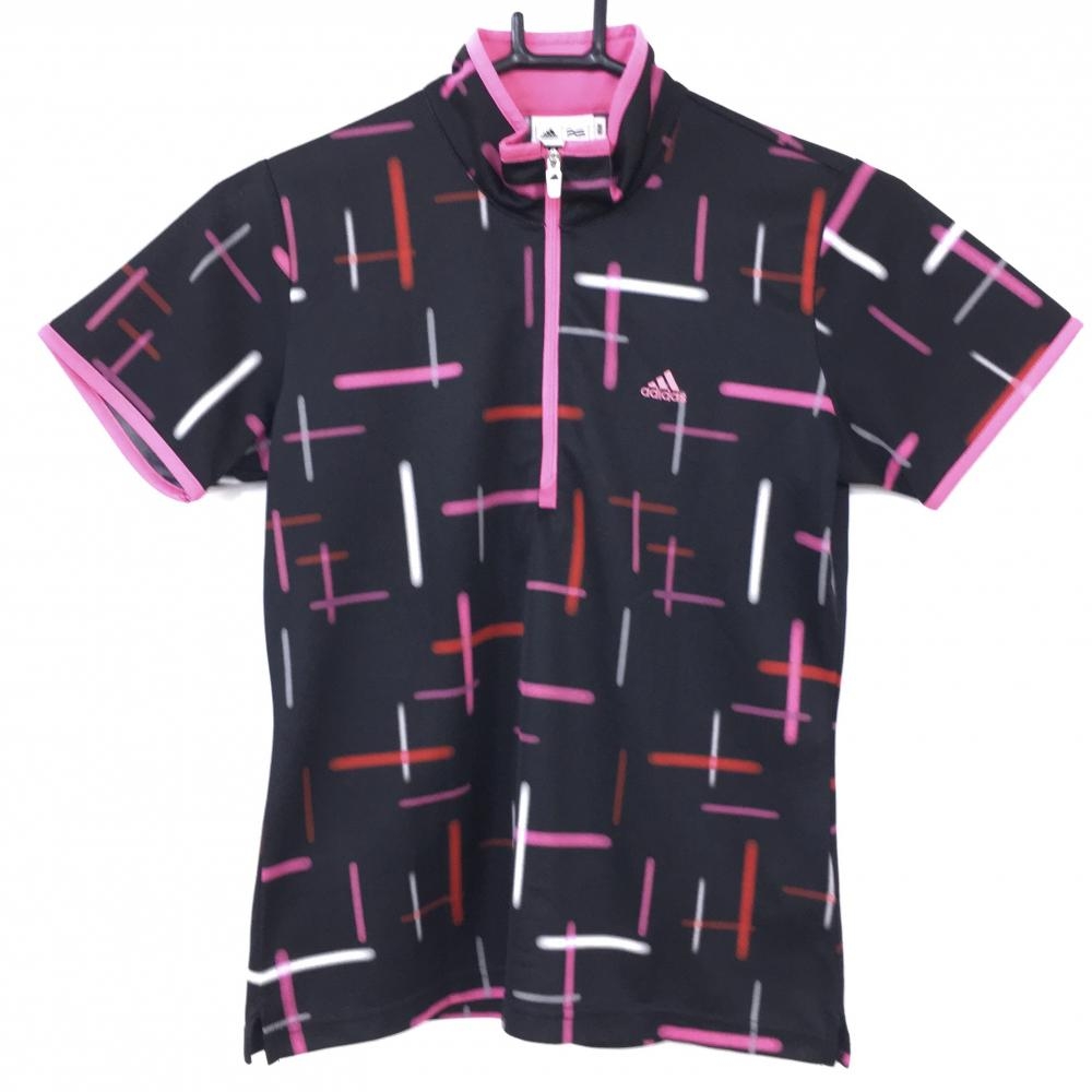 adidas アディダス 半袖ハイネックシャツ 黒×ピンク 総柄 ハーフジップ レディース M/M ゴルフウェア