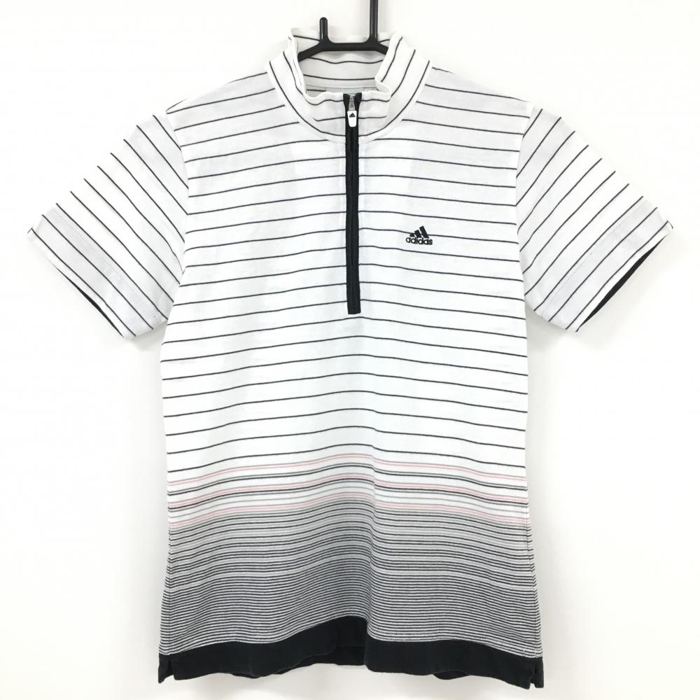 【美品】アディダス 半袖ハイネックシャツ 白×黒 ボーダー ハーフジップ コットン混 レディース M/M ゴルフウェア adidas