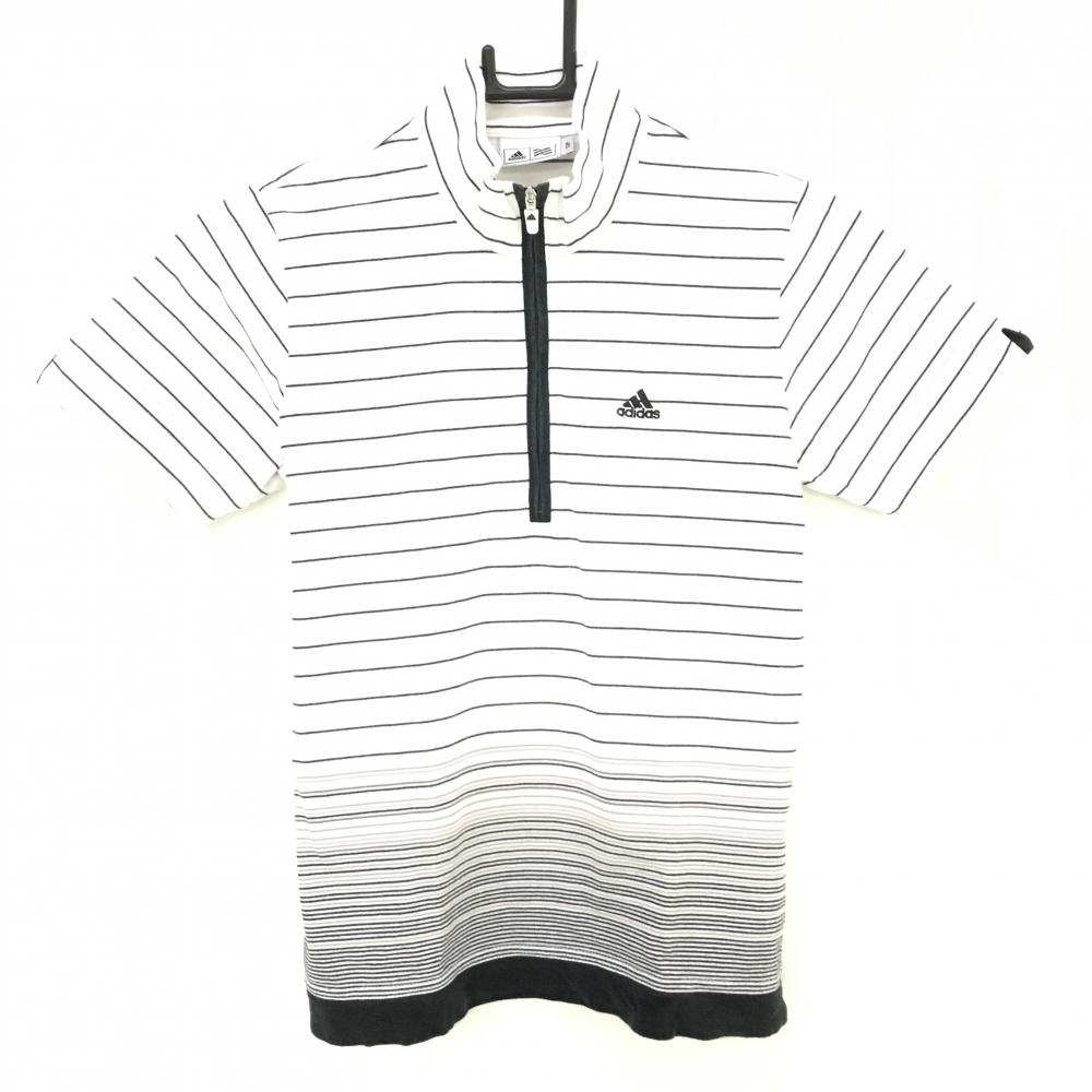 アディダス 半袖ハイネックシャツ 白×黒 ボーダー コットン混  レディース S ゴルフウェア adidas