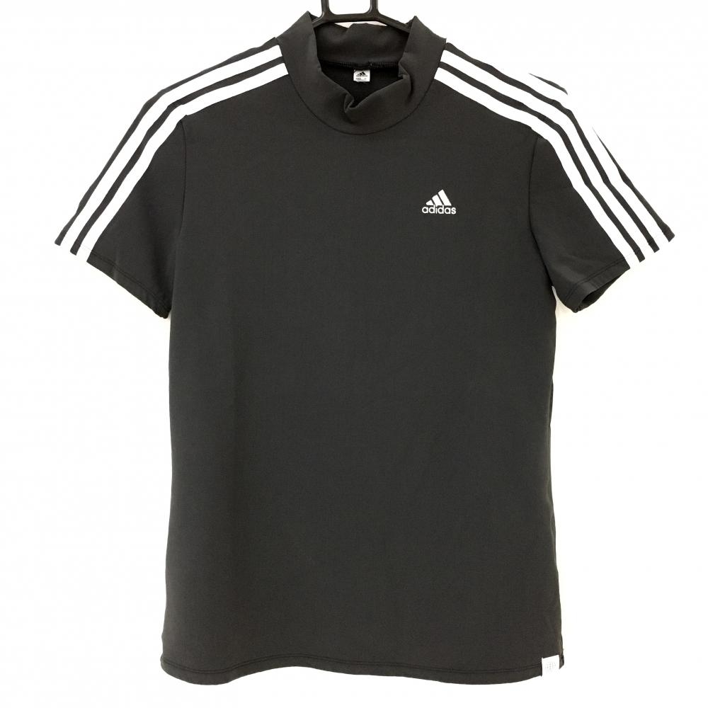 【超美品】アディダス 半袖ハイネックシャツ 黒×白 3ライン ストレッチ  レディース  ゴルフウェア adidas