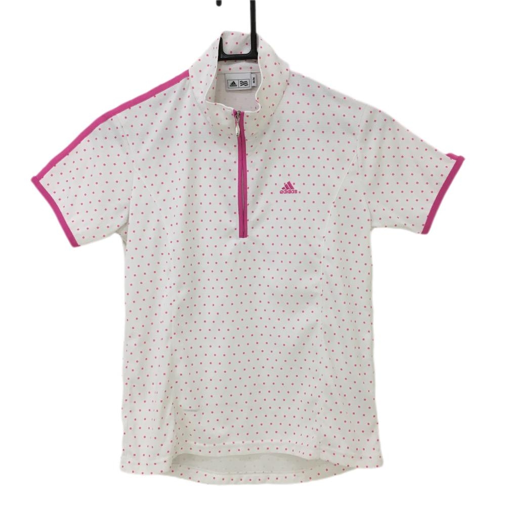 アディダス 半袖ハイネックシャツ 白×ピンク ドット柄 総柄 袖テープライン ハーフジップ レディース M/M ゴルフウェア adidas