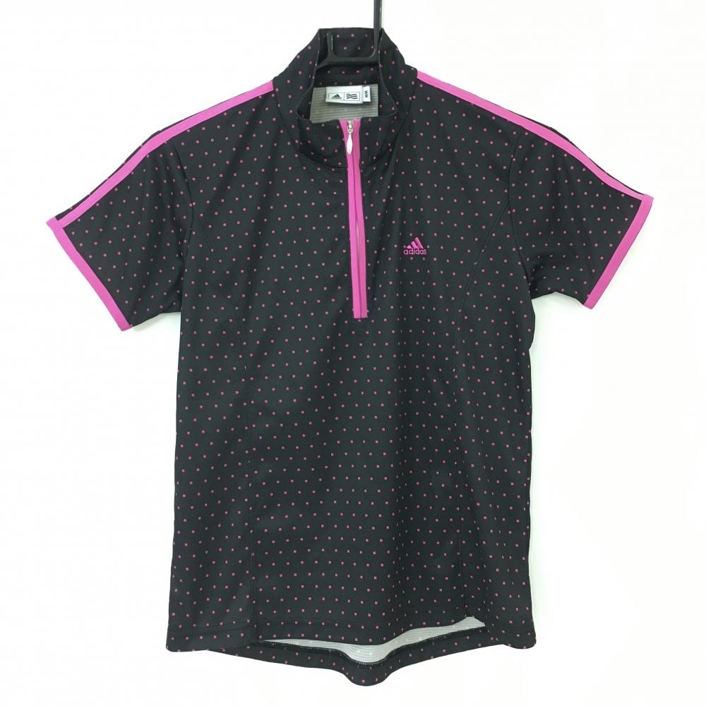 【美品】アディダス 半袖ハイネックシャツ 黒×ピンク ドット柄 総柄 袖テープライン ハーフジップ レディース M/M ゴルフウェア adidas