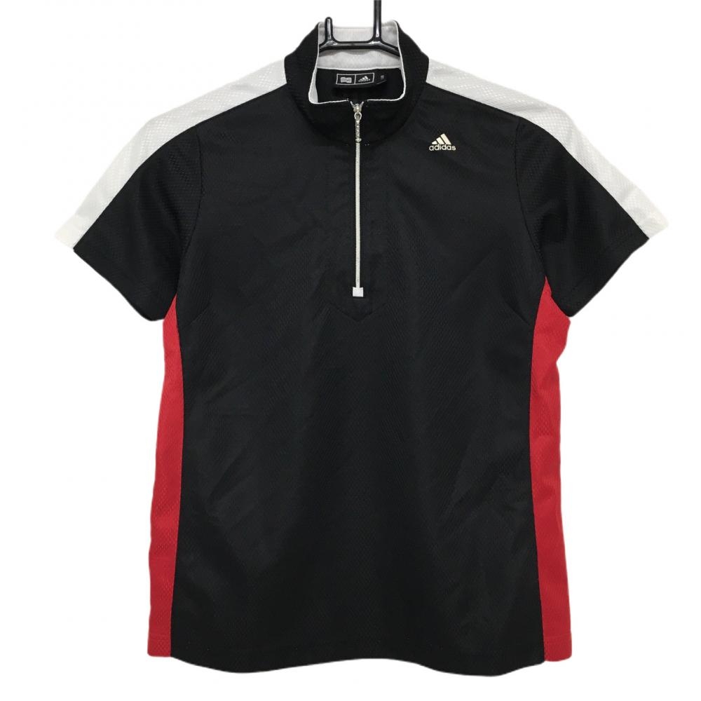 アディダス 半袖ハイネックシャツ 黒×白 ハーフジップ レディース L/G ゴルフウェア adidas