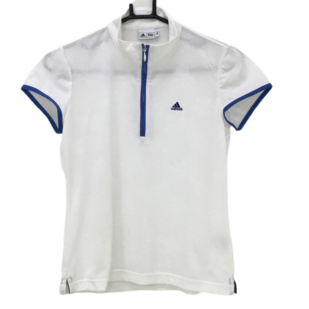 アディダス 半袖ハイネックシャツ 白×ブルー メッシュ調 ハーフジップ ロゴ刺しゅう レディース M/M ゴルフウェア adidas