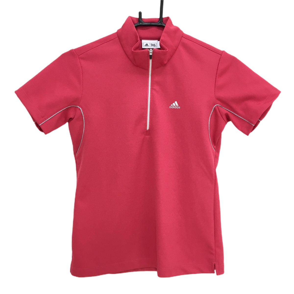 【美品】アディダス 半袖ハイネックシャツ ピンク×グレー 背面3ライン パイピング ハーフジップ  レディース S/P ゴルフウェア adidas