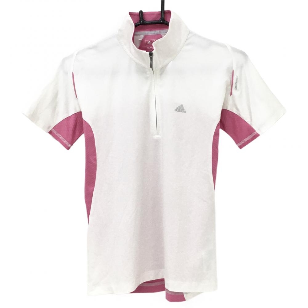 【超美品】アディダス 半袖ハイネックシャツ 白×ピンク 背面メッシュ調 ハーフジップ 袖3ライン レディース M/M ゴルフウェア adidas
