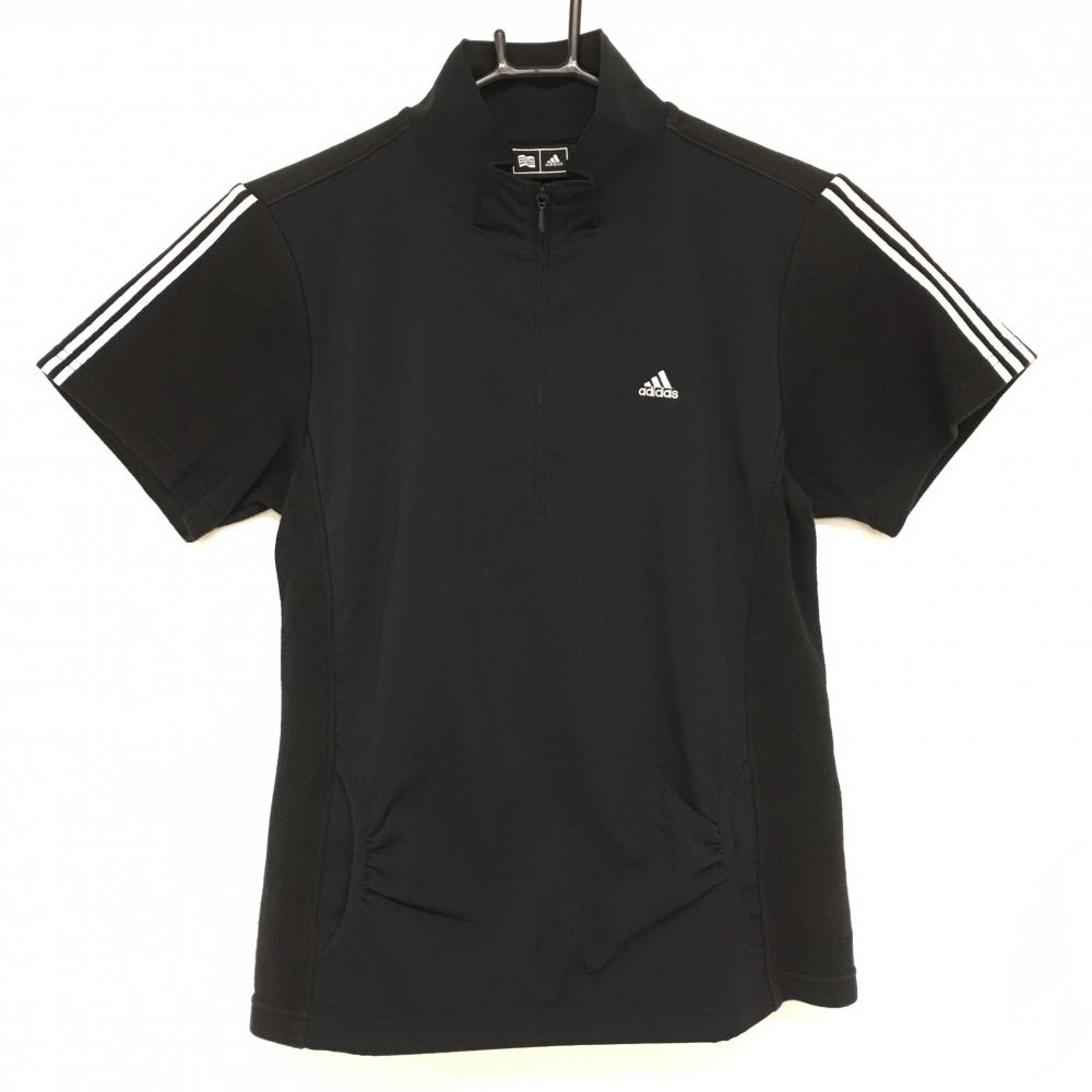 アディダス 半袖ハイネックシャツ 黒×白 ハーフジップ 袖3ライン ロゴ刺しゅう 切替 裏微起毛 レディース L/G ゴルフウェア adidas