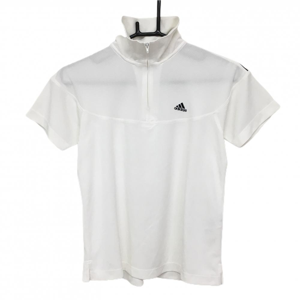 【美品】アディダス 半袖ハイネックシャツ 白 織生地 ハーフジップ ロゴ刺しゅう レディース M/M ゴルフウェア adidas