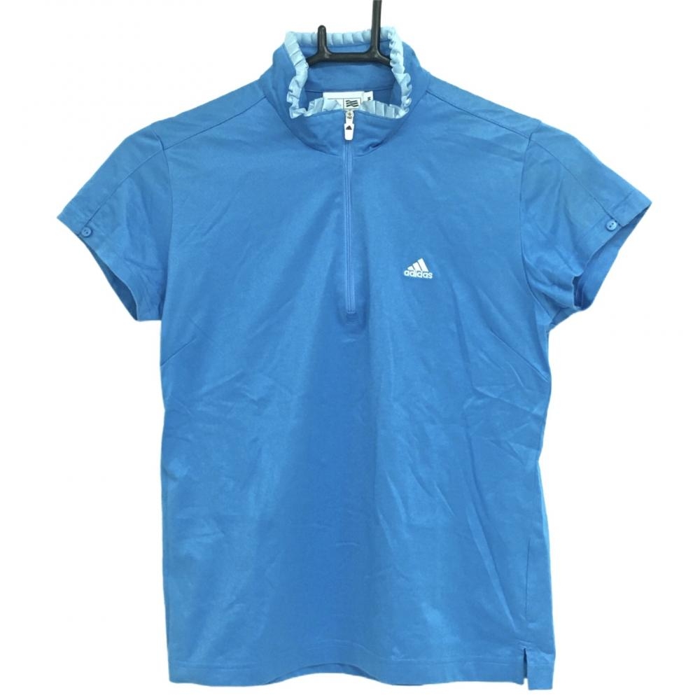 【美品】アディダス 半袖ハイネックシャツ ブルー ネックフリル ハーフジップ レディース Ｍ/Ｍ ゴルフウェア adidas