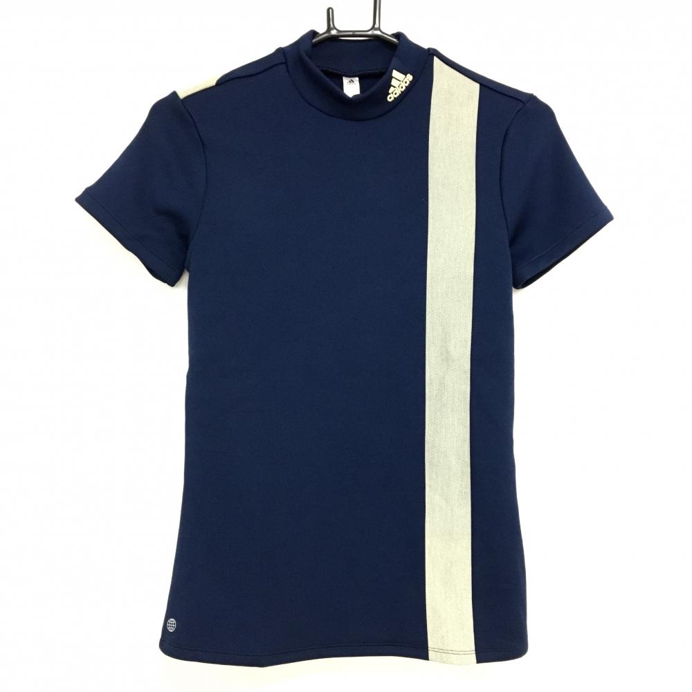 【超美品】アディダス 半袖ハイネックシャツ ネイビー×グレー系 縦ライン ネックロゴ レディース S ゴルフウェア adidas