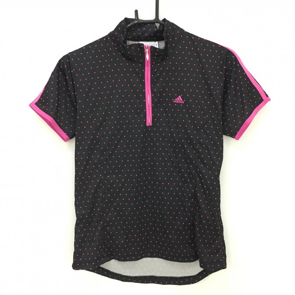【超美品】アディダス 半袖ハイネックシャツ 黒×ピンク スクエアドット ハーフジップ レディース L/G ゴルフウェア adidas