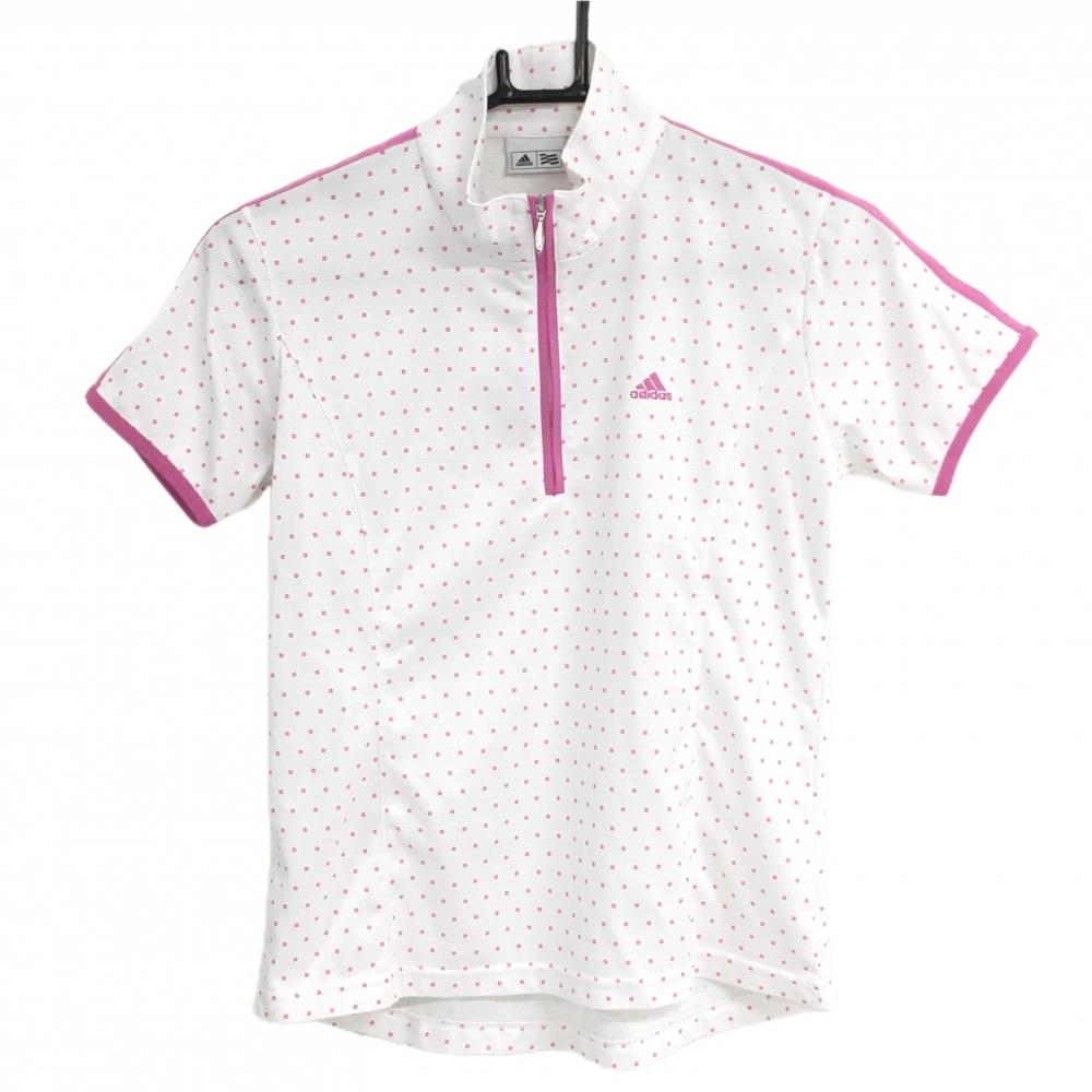 【美品】アディダス 半袖ハイネックシャツ 白×ピンク ドット ハーフジップ レディース M/M ゴルフウェア adidas