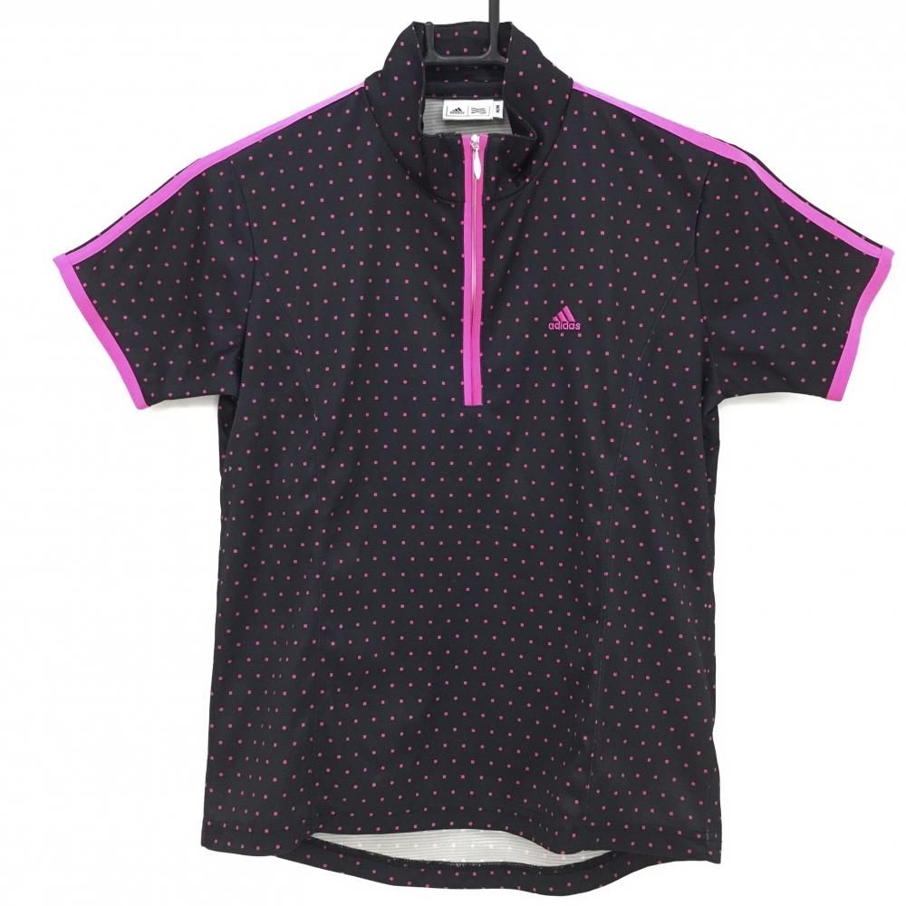 【美品】アディダス 半袖ハイネックシャツ 黒×ピンク ドット ハーフジップ レディース M/M ゴルフウェア adidas