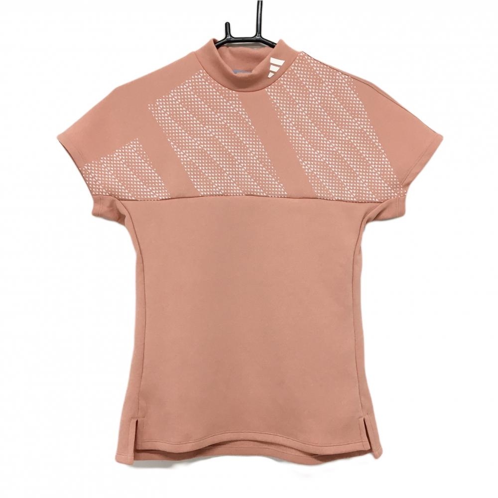 【超美品】アディダス 半袖ハイネックシャツ サーモンオレンジ×白 前上部柄 レディース M ゴルフウェア 2023年モデル adidas