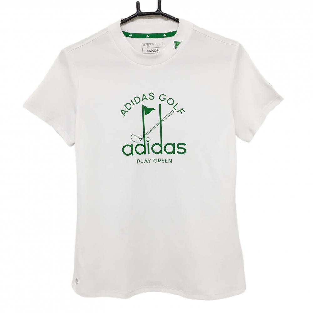 アディダス 半袖ハイネックシャツ 白×グリーン ゴルフ柄 ネックロゴ 袖ワッペン  レディース L ゴルフウェア adidas