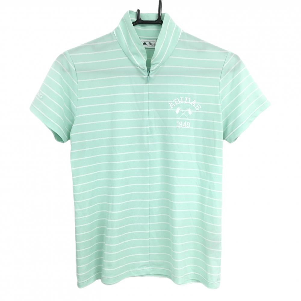 【美品】アディダス 半袖ハイネックシャツ ミントグリーン×白 ボーダー ハーフジップ レディース M/M ゴルフウェア adidas