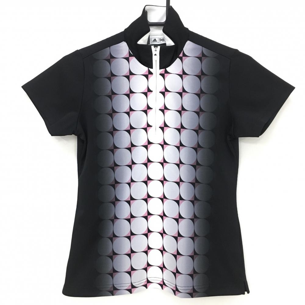 アディダス 半袖ハイネックシャツ 黒×白 丸柄 ハーフジップ レディース M/M ゴルフウェア adidas
